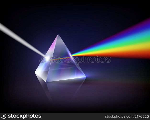 Spectrum refraction. Glass pyramid prism low poly abstract concept glow light refraction inside transparent geometrical form decent vector rainbow. Illustration refraction prism, rainbow spectrum. Spectrum refraction. Glass pyramid prism low poly abstract concept glow light refraction inside transparent geometrical form decent vector rainbow