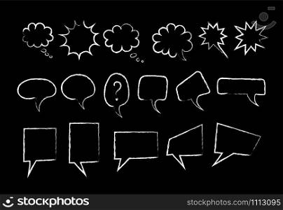 Speech bubble chalk marker set vector illustration. White color chalked collection, hand drawn rectangle and round clouds with chalk style lines for social media talk or message scribble. Speech bubble chalk marker style set vector