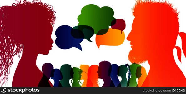 Speech bubble. Crowd talking. Dialogue group of diverse people. Communication between people. Silhouette profiles. Rainbow colours.Dialogue different cultures. Interview
