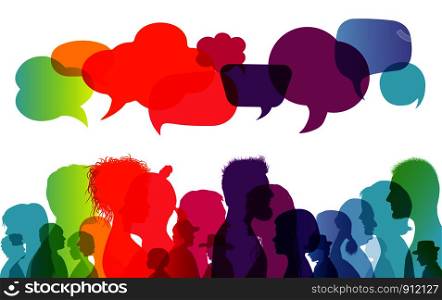 Speech bubble. Dialogue group of people. Communication between people. Crowd talking. Silhouette profiles. Rainbow colours