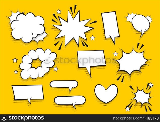 Speech bubble for comic text isolated on yellow background. Empty white outline. Dialog empty cloud, cartoon box. Speech bubble tag.. Speech bubble for comic text isolated background