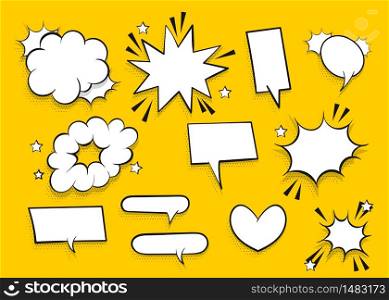 Speech bubble for comic text isolated on yellow background. Empty white outline. Dialog empty cloud, cartoon box. Speech bubble tag.. Speech bubble for comic text isolated background