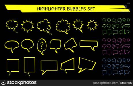 Speech bubble highlight marker set vector illustration. Neon colors collection, hand drawn rectangle and round highlight clouds with felt marker style lines for social media talk or message scribble. Yellow speech bubble highlight marker set vector