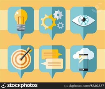 Speech bubble icon set with pictograms of inspire, targeting, idea, organization, vision, application development