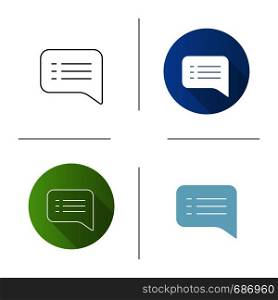 Speech bubble icon. Text SMS. Chatting. Chat box. Flat design, linear and color styles. Isolated vector illustrations. Speech bubble icon