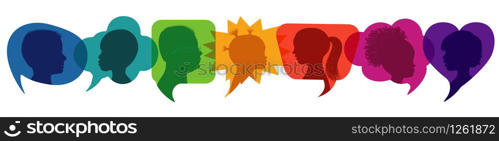 Speech bubble.Multicultural kindergarten.Silhouette group of modern children in rainbow colored profile.Communication between multi-ethnic children.Children talking.Globalization