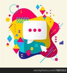 Speech bubble on abstract colorful spotted background with different elements. Flat design.