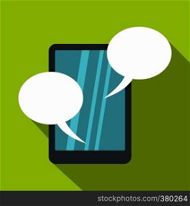 Speech bubble on phone icon. Flat illustration of speech bubble on phone vector icon for web. Speech bubble on phone icon, flat style