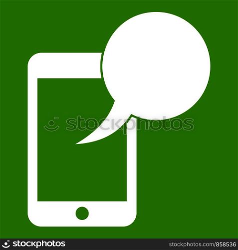 Speech bubble on phone icon white isolated on green background. Vector illustration. Speech bubble on phone icon green