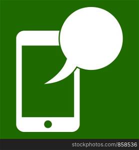 Speech bubble on phone icon white isolated on green background. Vector illustration. Speech bubble on phone icon green