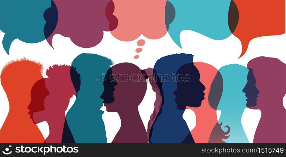 Speech bubble.Silhouette heads people in profile.Diversity people.Talking dialogue and inform.Communicate group of multiethnic people who talk and share ideas.Community.Speak.Social