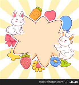 Speech bubble with cute kawaii little bunnies. Funny cheerful characters and decorations in cartoon style.. Speech bubble with cute kawaii little bunnies. Funny characters and decorations in cartoon style.