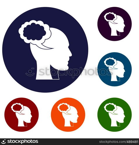 Speech bubble with human head icons set in flat circle red, blue and green color for web. Speech bubble with human head icons set