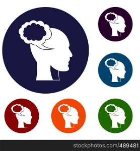 Speech bubble with human head icons set in flat circle red, blue and green color for web. Speech bubble with human head icons set