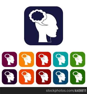 Speech bubble with human head icons set vector illustration in flat style In colors red, blue, green and other. Speech bubble with human head icons set flat