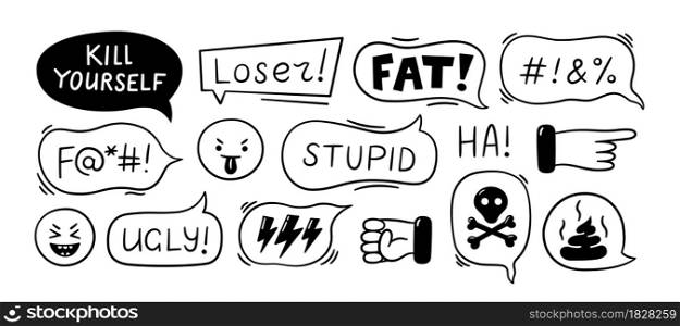 Speech bubble with swear words. Cyber bullying, trolling, conflict and violence situation. Bad reviews, negative comments. Vector illustration isolated in doodle style on white background.. Speech bubble with swear words. Cyber bullying, trolling, conflict and violence situation. Bad reviews, negative comments. Vector illustration isolated in doodle style on white background