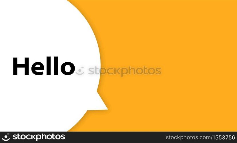 Speech bubble with text Hi. Hello. White bubble message hi in yellow background. Trendy banner, poster.. Speech bubble with text Hi. Hello. White bubble message hi in yellow background.