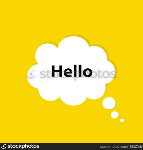 Speech bubble with text Hi, Hello. White bubble message hi in yellow background. Trendy vector banner, poster and label.. Speech bubble with text Hi, Hello. White bubble message hi in yellow background.