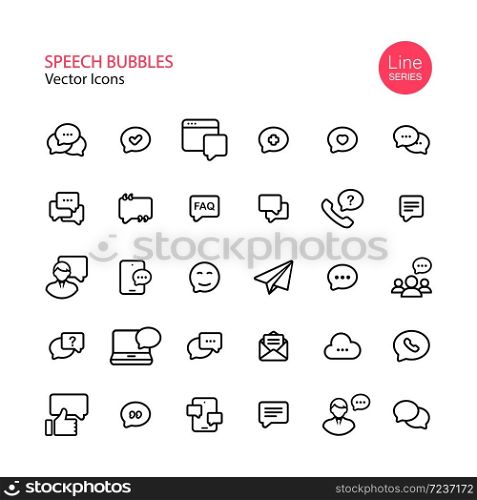 Speech bubbles, communication line icon set. Message, notification, group chat, video conference, feddback. Vector on isolated white background. Eps 10.. Speech bubbles, communication line icon set. Message, notification, group chat, video conference, feddback. Vector on isolated white background. Eps 10