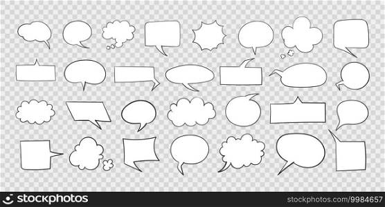 Speech bubbles. Hand drawn Icons. Collection of empty speech bubbles. Comic speech bubbles on transparent background. Retro empty comic bubble. Vector illustration
