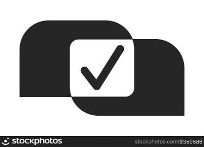 Speech bubbles intersection with check mark flat monochrome isolated vector icon. Agreement. Editable black and white line art drawing. Simple outline spot illustration for web graphic design. Speech bubbles intersection with check mark flat monochrome isolated vector icon