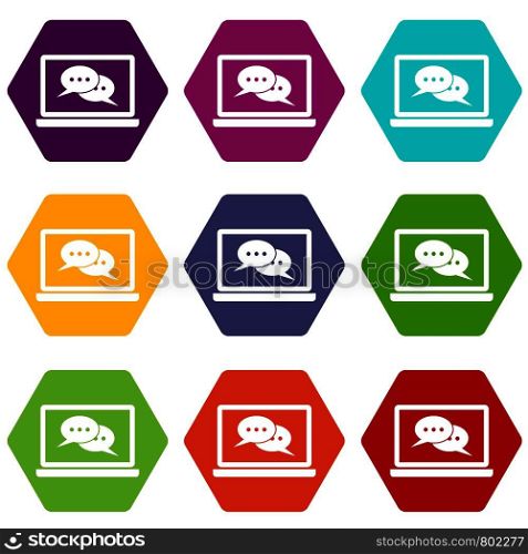 Speech bubbles on laptop screen icon set many color hexahedron isolated on white vector illustration. Speech bubbles on laptop screen icon set color hexahedron