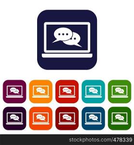 Speech bubbles on laptop screen icons set vector illustration in flat style in colors red, blue, green, and other. Speech bubbles on laptop screen icons set