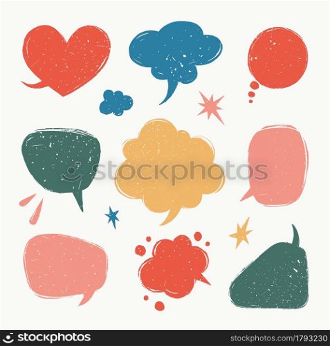 Speech bubbles set. Various talk balloon shapes in vintage style with grunge texture. Hand-drawn infographic Vector collection. Speech bubbles set. Various talk balloon shapes in vintage style with grunge texture. Hand-drawn infographic Vector collection.