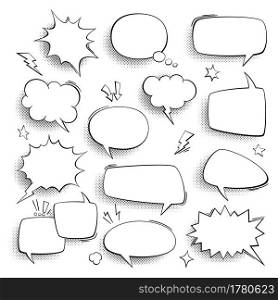 Speech bubbles. Vintage comics talk, cartoon forms, think and sound effects in bubble on halftone, retro empty frame with copy space, discussion banners in pop art style, communication vector set. Speech bubbles. Vintage comics talk, cartoon forms, think and sound effects in bubble on halftone, retro empty frame with copy space, discussion banners in pop art style vector isolated set