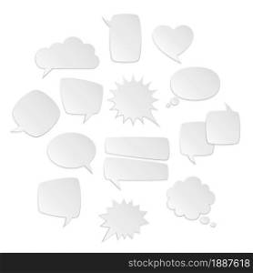 Speech bubbles white. Bubble symbols, mental text, origami bubble different forms square and round, heart and star. Retro comic dialogue and discussion clouds, comment copy space, vector isolated set. Speech bubbles white. Bubble symbols, mental text, origami bubble different forms square and round, heart and star. Retro comic dialogue and discussion clouds, comment copy space, vector set