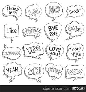 Speech bubbles with dialog words. Sketch bubble different shapes with message, short phrases thank you, bye, ok, omg, wow, lol vector set. Comic balloons for thought, idea, comment. Speech bubbles with dialog words. Sketch bubble different shapes with message, short phrases thank you, bye, ok, omg, wow, lol vector set