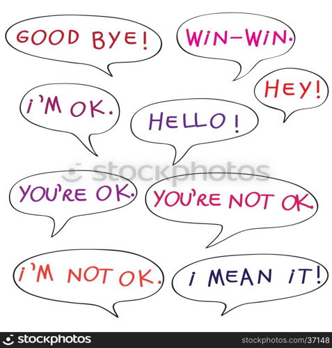 Speech bubbles with original childish text, color doodles isolated on white