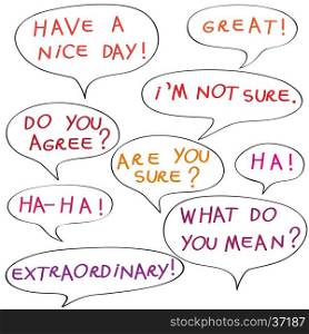 Speech bubbles with original childish text, color doodles isolated on white