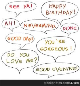 Speech bubbles with original childish text, color doodles isolated on white