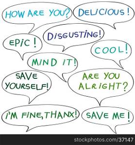 Speech bubbles with original childish text, colored doodles isolated on white