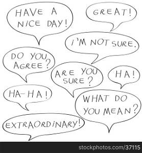 Speech bubbles with original childish text, doodles isolated on white