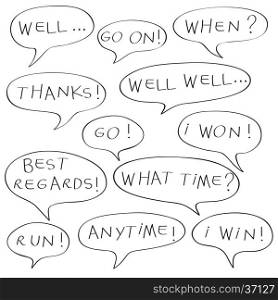 Speech bubbles with original childish text, doodles isolated on white