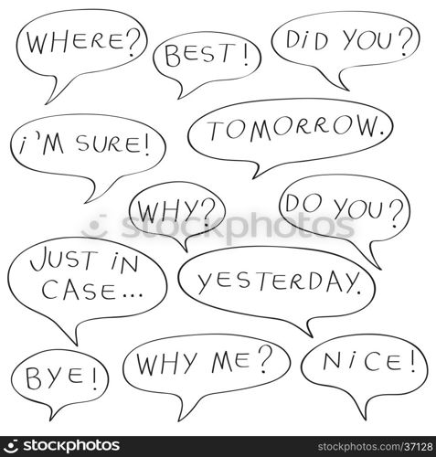 Speech bubbles with original childish text, doodles isolated on white