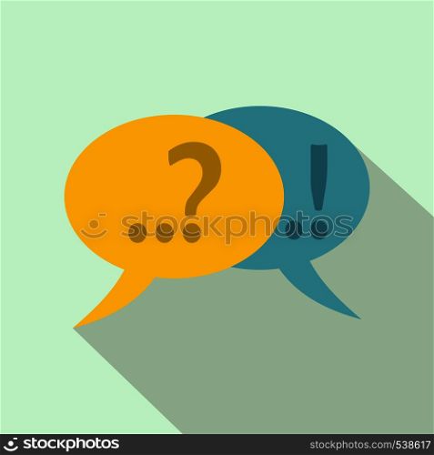 Speech bubbles with question and exclamation mark icon in flat style on a light blue background. Speech bubbles with question and exclamation mark