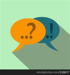 Speech bubbles with question and exclamation mark icon in flat style on a light blue background. Speech bubbles with question and exclamation mark