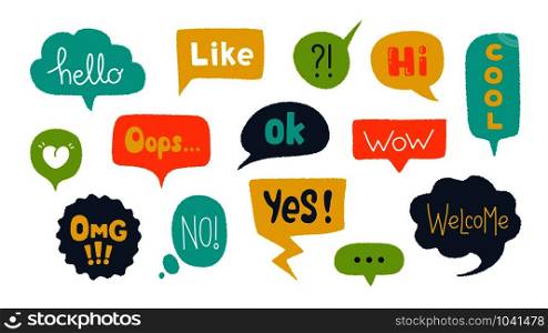 Speech bubbles with text. Hand drawn trendy design elements with grunge texture and rough edges. Vector illustration doodle colourful text banners set. Speech bubbles with text. Hand drawn trendy design elements with grunge texture and rough edges. Vector doodle set