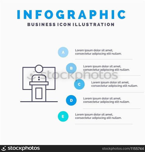Speech, Business, Conference, Event, Presentation, Room, Speaker Line icon with 5 steps presentation infographics Background