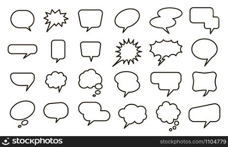 Speech empty balloon. Bubble sticker, conversation sketch balloons and comic text elements vector isolated set. Hand drawn speech and thought clouds template elements. Talk and think icons. Speech empty balloon. Bubble sticker, conversation sketch balloons and comic text elements vector isolated set. Collection of different blank speech and thought bubbles on white background