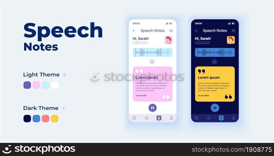 Speech notes cartoon smartphone interface vector templates set. Mobile app screen page day and dark mode design. Audio message. Text notifications. Messanger UI for application. Phone display. Speech notes cartoon smartphone interface vector templates set