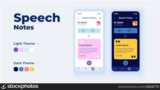 Speech notes cartoon smartphone interface vector templates set. Mobile app screen page day and dark mode design. Audio message. Text notifications. Messanger UI for application. Phone display. Speech notes cartoon smartphone interface vector templates set