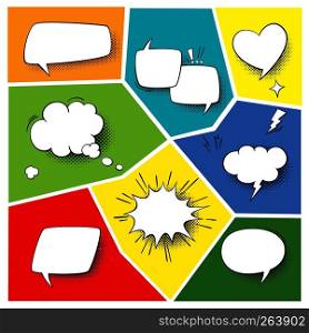 Speech popart elements. Comic cartoon shapes for dialogs thinking and talking on varicoloured backgrounds. Speech popart elements. Comic cartoon shapes for dialogs thinking and talking on varicoloured backgrounds set