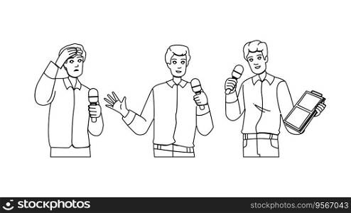 speech public speaking man vector. audience conference, microphone business, event meeting speech public speaking man character. people black line illustration. speech public speaking man vector