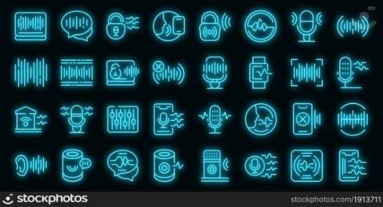Speech recognition icons set. Outline set of speech recognition vector icons neon color on black. Speech recognition icons set vector neon
