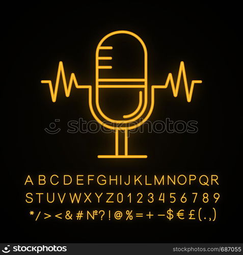 Speech recognition neon light icon. Voice command control. Microphone. Sound recording. Glowing sign with alphabet, numbers and symbols. Vector isolated illustration. Speech recognition neon light icon