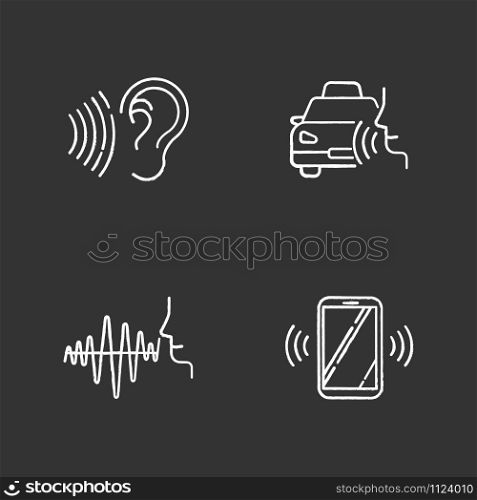 Speech recognizing chalk icons set. Voice control idea. Soundwave, voice command, cab order. Interactive response system. Talk and listen. Virtual assistant. Isolated vector chalkboard illustrations